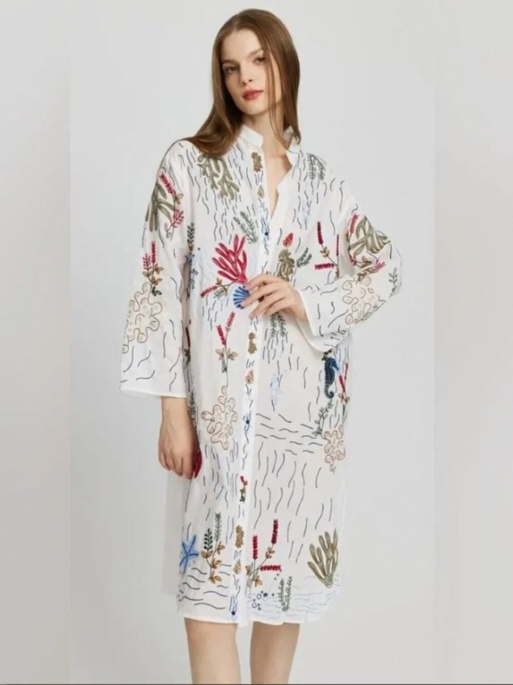 Zara Ocean Embroidered Button Up Coverup Shirt Dress Size M Boho Sea Vacation